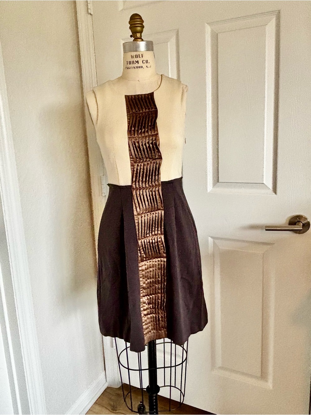BCBGMaxAzria Cream and Black Panel Dress with Bronze Center Trim